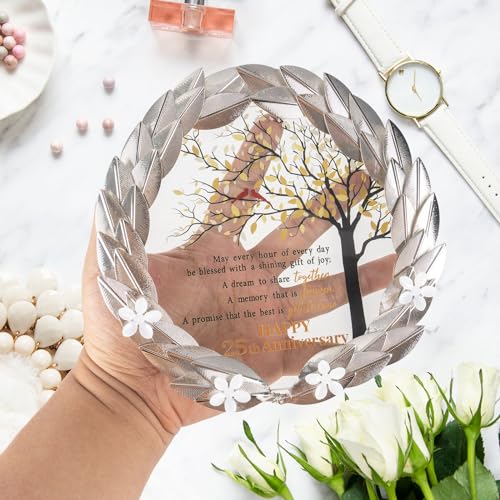 25th Wedding Anniversary Crystal Plaque with Gold Leaf Wreath Stand