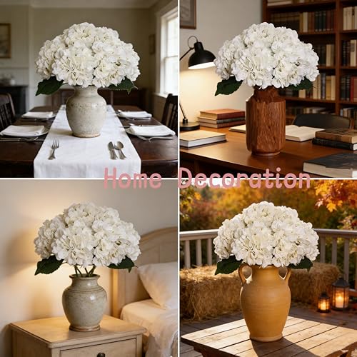 White Silk Artificial Hydrangea Flowers with Stems - Set of 6, 17.7"