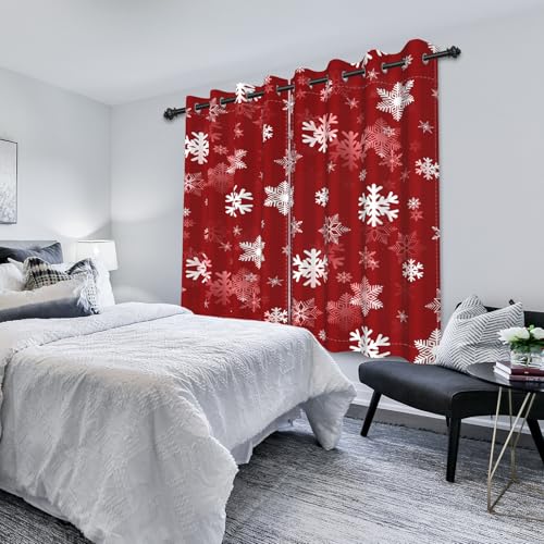Red Christmas Snowflakes Blackout Curtains 52x84 in (Pack of 2) | Washable