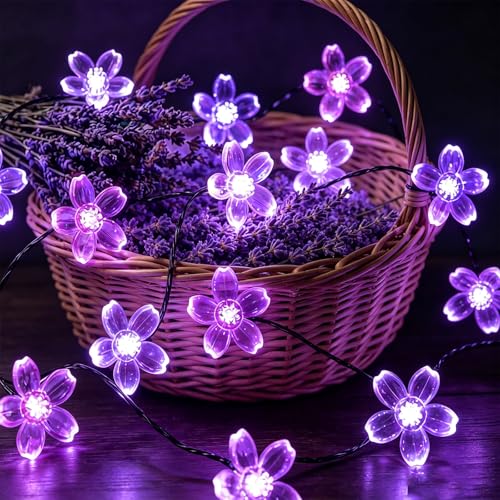 33ft Purple Flower String Lights with Black Wire, 100 LED, IP44 Outdoor Decor