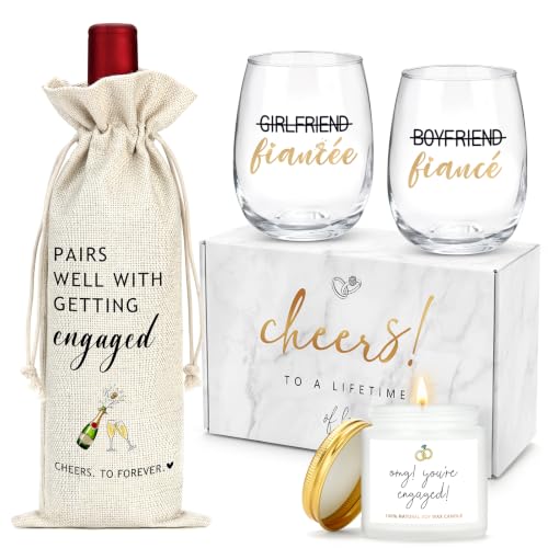 Engagement Gift Set for Couples with Wine Glasses, Scented Candle, and Wine Bag