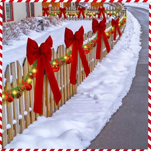 100 ft Christmas Garland with Lights and Red Bows for Fence Decor