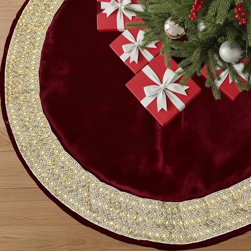 CYAOOI 72 Inch Extra Large Velvet Christmas Tree Skirt with Gold Glitter Trim