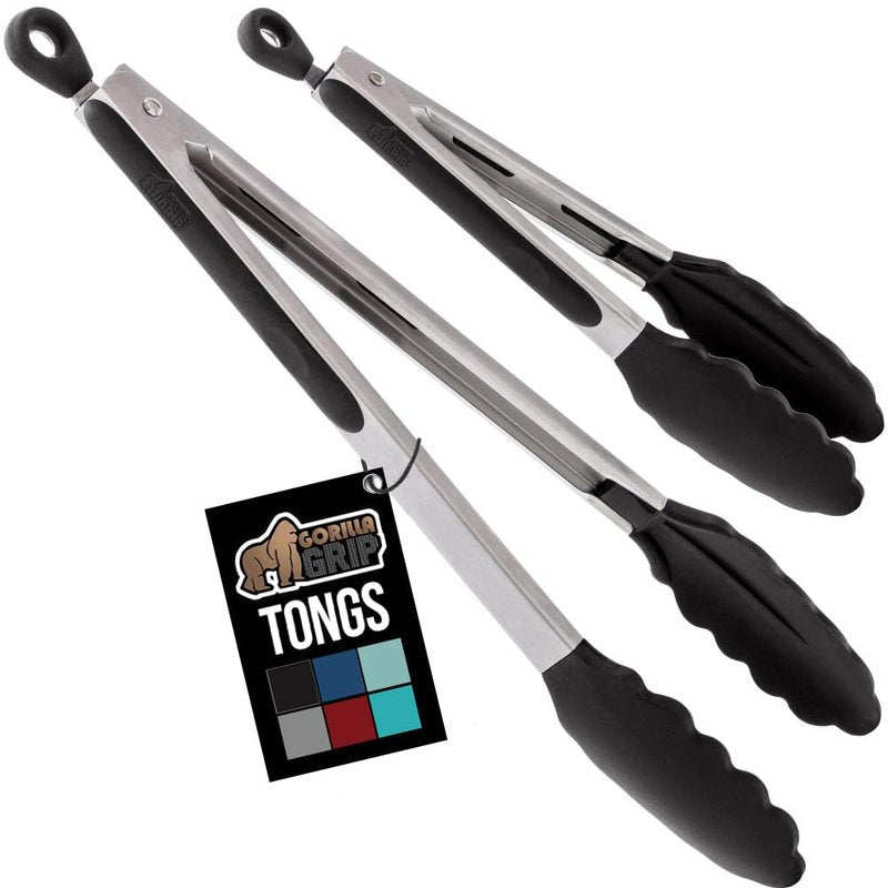 GORILLA GRIP Stainless Steel Heat Resistant Kitchen Tongs for Cooking, 7 + 9 + 12 Inch Set of 3 BBQ Tong, Non Scratch Silicone Tip for Pans, Strong Grip, Grab Food, Salad, Pull Lock, Black Gray Blue