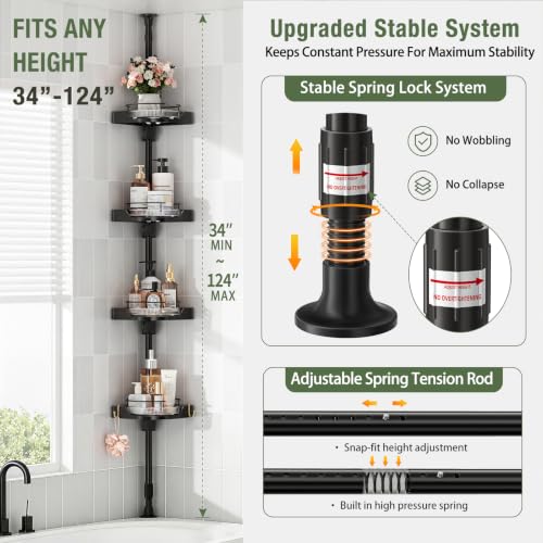 360° Rotating Corner Shower Caddy Tension Pole Organizer Black 4-Tier