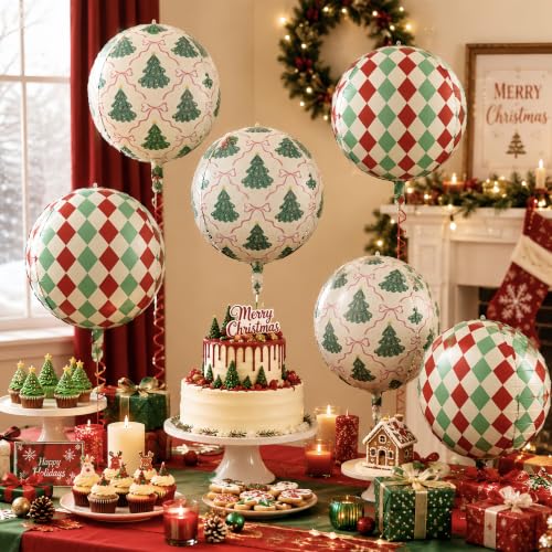 Green Christmas Balloons Set with 4D Foil Balloons, Retro Red & Green Argyle & Tree Pattern, Pink Bow, 22 Inch - Holiday Party Decorations