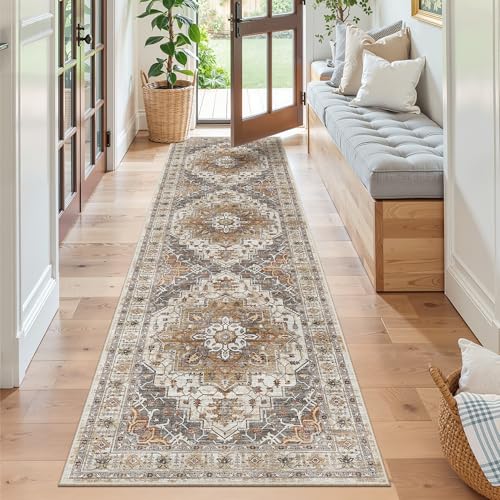 Washable Vintage Hallway Runner Rug 2x8 Ft - Non-Slip Low-Pile Carpet