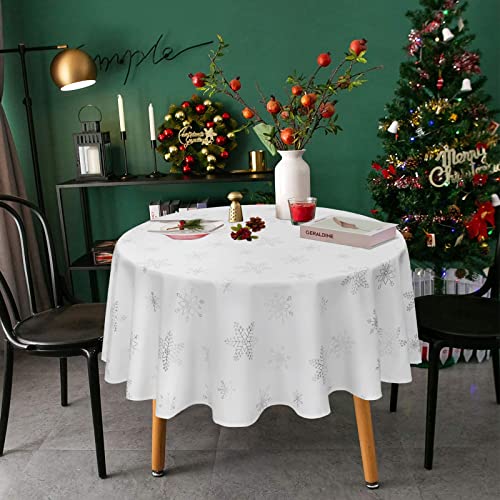 BLEUM CADE Silver Snowflake Christmas Tablecloth 55-inch Round Waterproof Holiday Decor