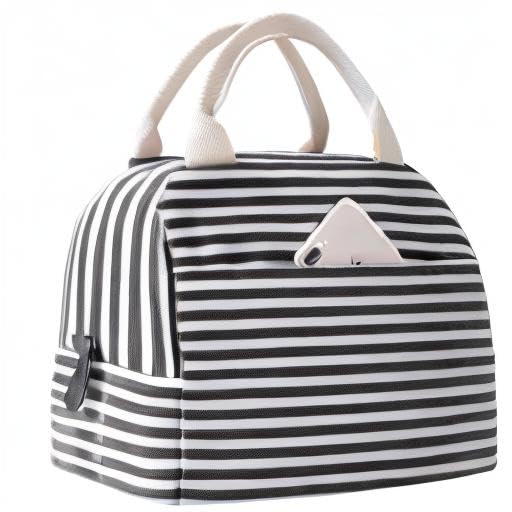 EurCross Canvas Lunch Tote Bag for Women for Work with Black and White Stripes, Reusable Insulated Meal Prep Preppy Lunch Box Bag for Daily Use, Cute Lunch Cooler Bento Boxes Bags
