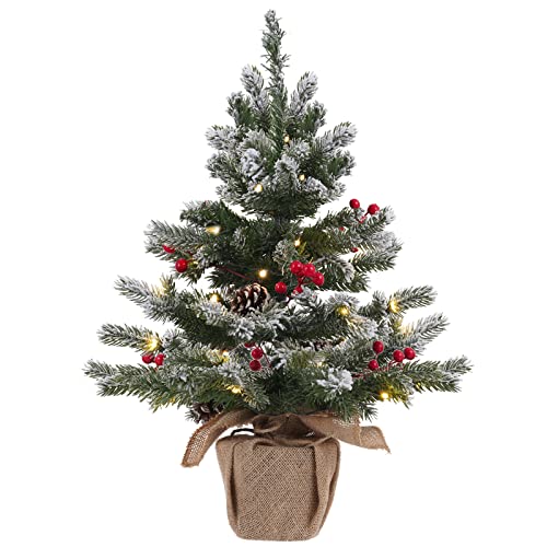 DECSPAS 2FT Pre-lit Snowy Mini Christmas Tree with 20 LED Lights, Red Berries & Pine Cones - Tabletop Holiday Decor