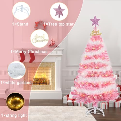 Dream Loom Pink Christmas Tree with Lights - 4FT Artificial Holiday Tree with Tips, Metal Stand, Battery String Light - Pink2