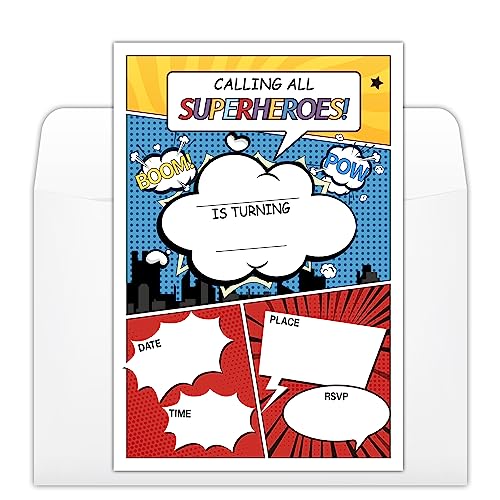 Superhero Birthday Party Invitations for Kids - 20 Pack with Envelopes