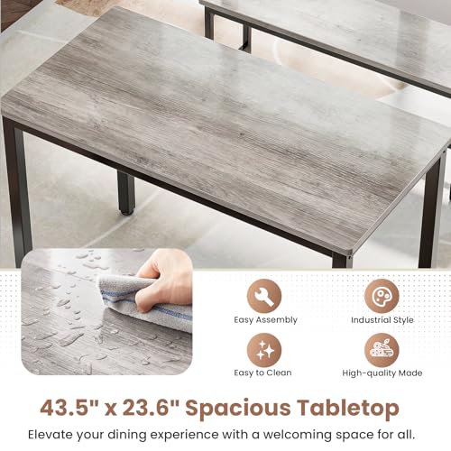 3-Piece Dining Table Set for 4 with 2 Storage Benches, Grey Industrial