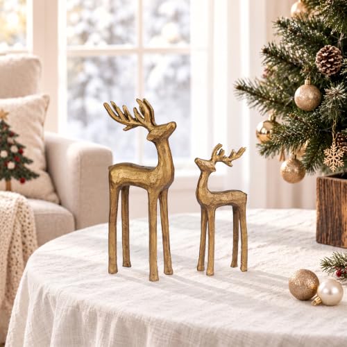 Gold Reindeer Figurines Set of 2 – Cast Iron Christmas Decor, Sziqiqi