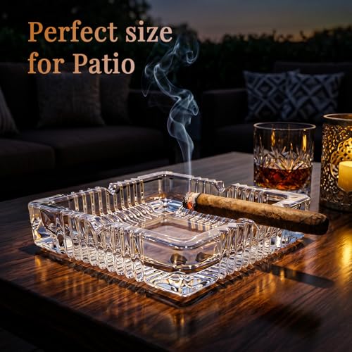 Large 7-Inch Square Crystal Glass Ashtray with 4 Slots for Cigars