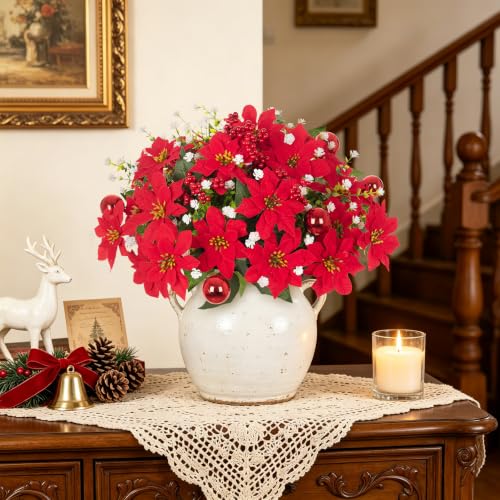 8 Pack 15.7in Red & White Poinsettia Artificial Christmas Flowers for Outdoors