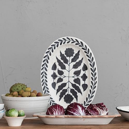 Hand Painted Stoneware Platter with Floral Design, Black and White