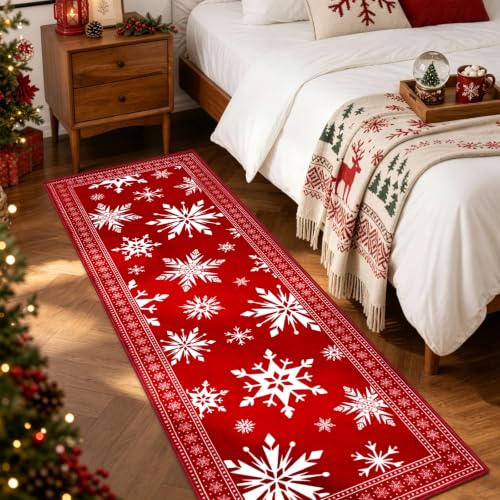 Christmas Snowflake Area Rug 2x6 Runner - Red, Non-Slip, Low-Pile