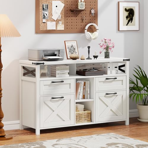 4-Drawer Farmhouse File Cabinet with Open Storage Shelf, White Office Organizer
