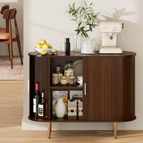 Mid Century Modern Sideboard Buffet Cabinet with Sliding Doors, 40-Inch Walnut