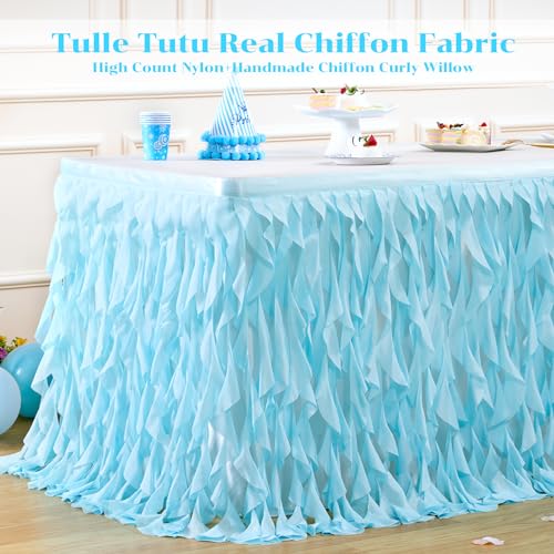 Aqua Blue Curly Willow Tulle Table Skirt - 6ft Ruffle Tutu for Party Decor