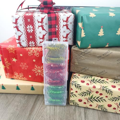 IAXSEE 150 Pcs Multicolor S-Shaped Ornament Hooks with Storage Box - Red Green Yellow Christmas Tree Hangers (Circular Shape)