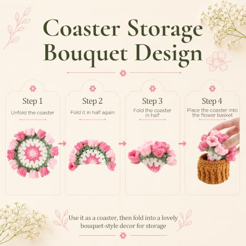 Vane Oak Pink Crochet Flower Coasters with Plant Pot - Handmade 1Pc