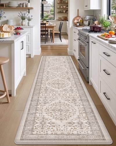 DEXI Beige 87" x 24" Anti-Fatigue Kitchen Floor Mat with Memory Foam, Water-Resistant Cushion Runner Rug