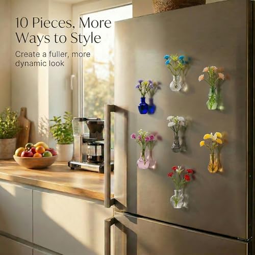 10-Pack Magnetic Mini Glass Bud Vases with Faux Flowers for Fridge