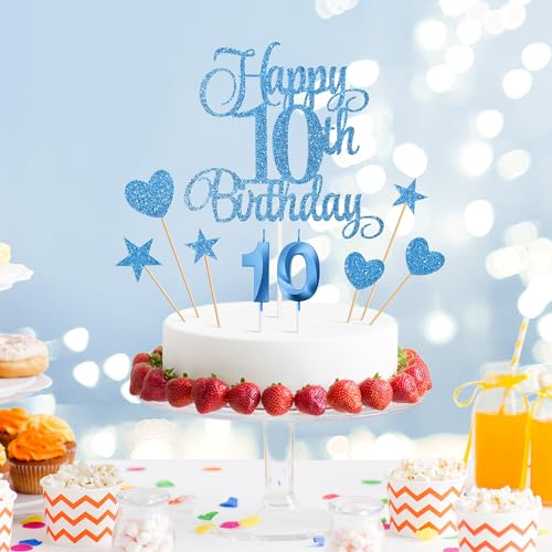 10th Birthday Cake Decoration Set with Number 10 Candle and Glitter Toppers