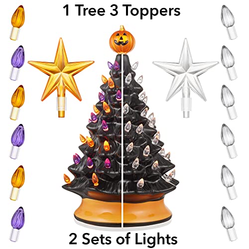 Hand-Painted Ceramic Halloween Tree - 15-Inch Pre-Lit Tabletop Decor