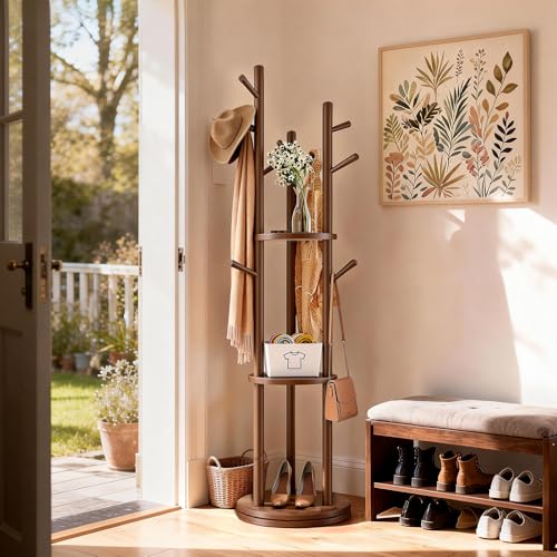 Solid Wood Rotating Coat Rack with 3 Shelves & 9 Hooks, Walnut Finish
