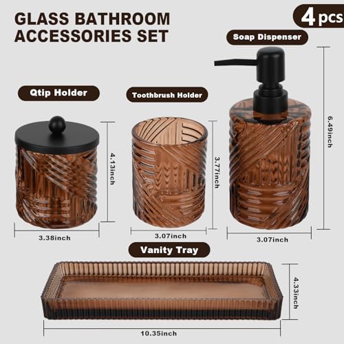 4-Piece Amber Glass Bathroom Accessory Set with Vanity Tray and Soap Dispenser