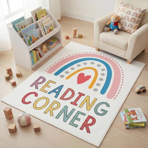 Rainbow Reading Corner Rug 47"x39" - Non-Slip Boho Classroom Floor Mat