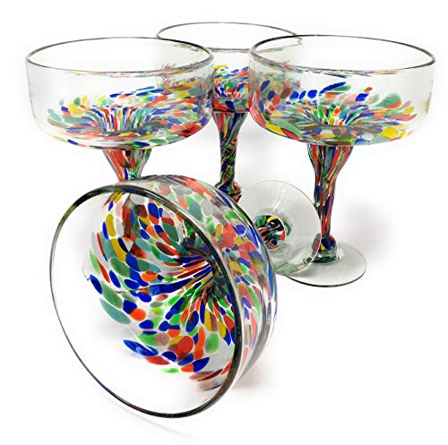 Mexican Hand Blown Margarita Glass Set of 4 - Confetti Carmen 16 oz - Handmade Eco-Friendly Glassware
