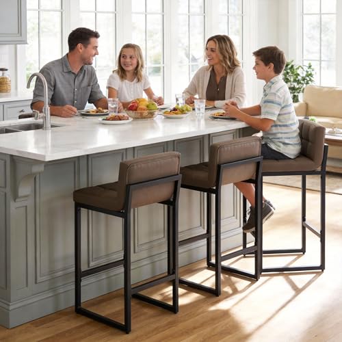 26-Inch PU Leather Counter Height Bar Stools - Set of 3, Coffee Brown