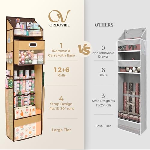 Over The Door Wrapping Paper Storage Organizer with Removable Drawer