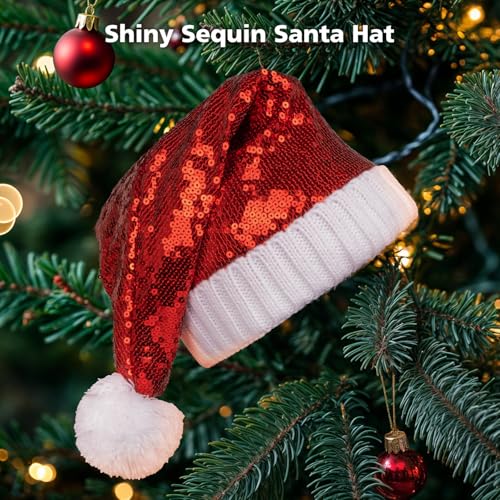 CLOOOUDS Red Sequin Santa Hat Glitter Knitted Xmas Beanie for Adults, 1 Pack