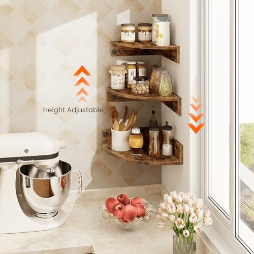 3-Tier Floating Corner Shelves with Cord Management, Rustic Wood Wall Mount