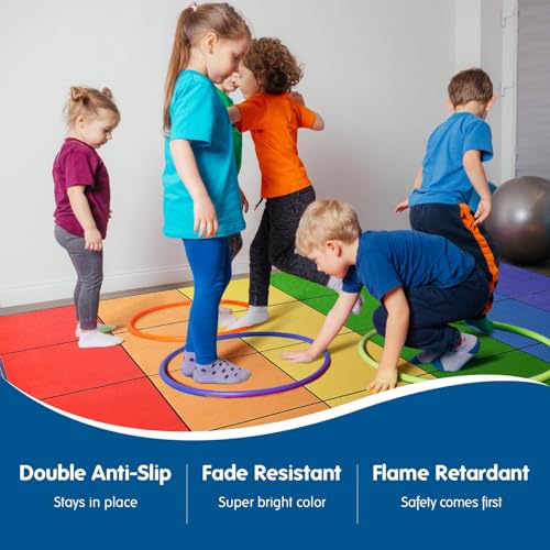 Rainbow Classroom Rug 7'6" x 13' – Non-Slip Preschool Carpet with Seating Squares