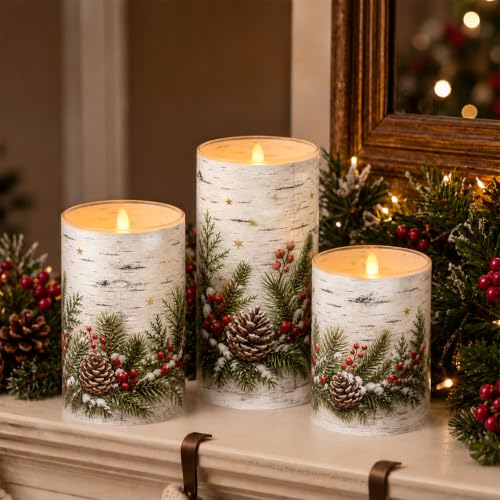 Winter Birch Flameless Candles Set - 3 Color-Changing LED Pillars with Remote