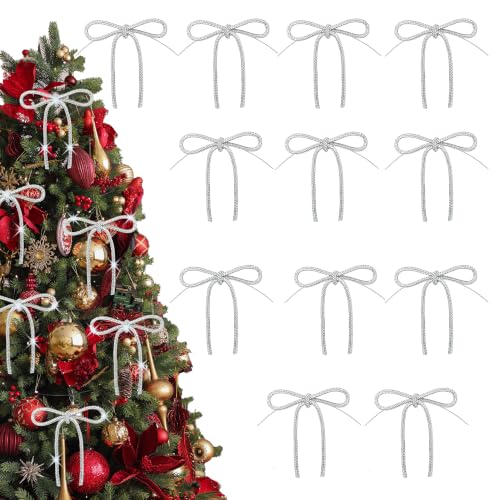 Silvery Glitter Rhinestone Bow Ornaments 12-Pack 5x4 Inch for Christmas Tree—TNTIWQ Variation Silvery