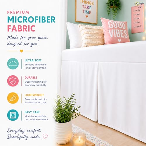 Twin XL Bed Skirt with 32 Inch Drop - Tailored Box Pleated Dorm Bedskirt, White