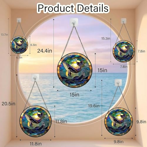 SJUYODOO Blue and Purple Stained Glass Window Hanging, Whale & Sea Waves Sun Catcher, 11.8in