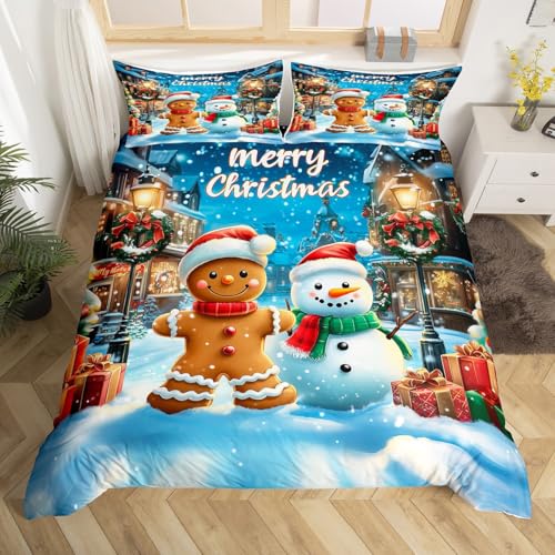 Manfei Gingerbread Man Duvet Cover Set Full Blue Brown, 80x90, 2 Pillowcases - Christmas Snowman Winter Theme