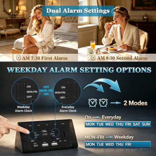 Wooden Digital Alarm Clock with Dual USB Charging Ports and Dimmable LED