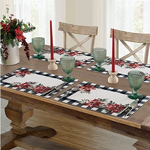 Newbridge Poinsettia Festivity Gingham Placemats Set of 4, Holiday Red