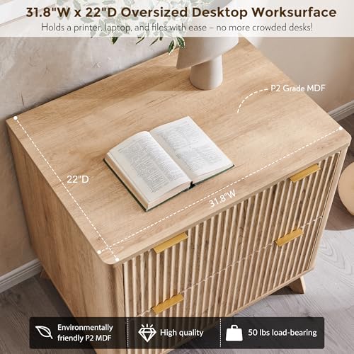 31.8-Inch Fluted 2-Drawer Lateral File Cabinet, Natural Oak Wood Office Storage