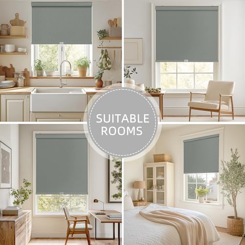 Cordless Blackout Roller Shades, 35" W x 72" H, Thermal Insulated Grey Striped Fabric