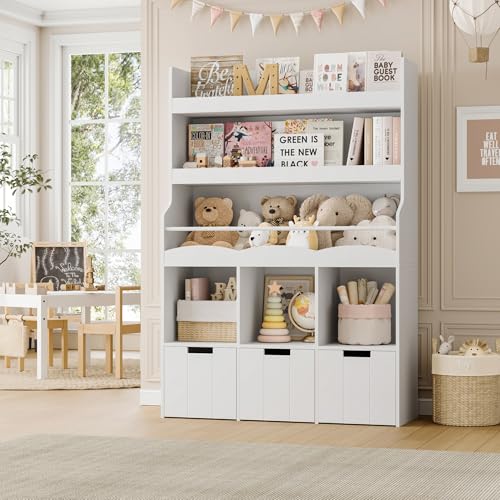 Kids Toy Storage Organizer with Bookshelf and 3 Removable Bins, White